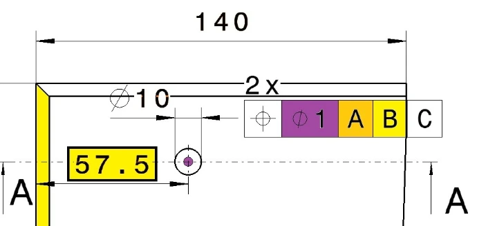 Technische Zeichnung mit Darstellung des Positionstoleranzbereichs einer Bohrung nach ISO-GPS, des maximalen Winkelfehlers infolge der Positionstoleranz sowie Anwendung des Maximum-Material-Prinzips